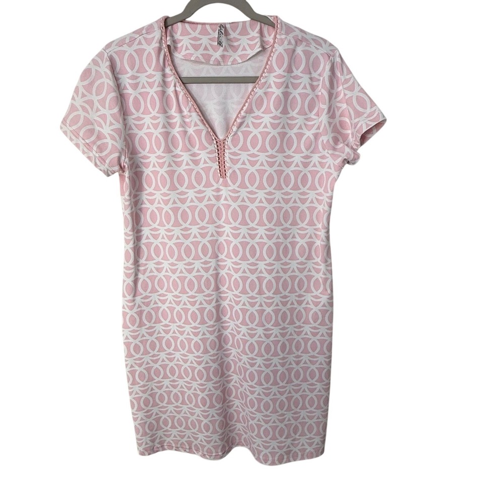 Lulu-B Short Sleeve Dress Pink Link Print V-Neck Size M UPF 50+ Stretch